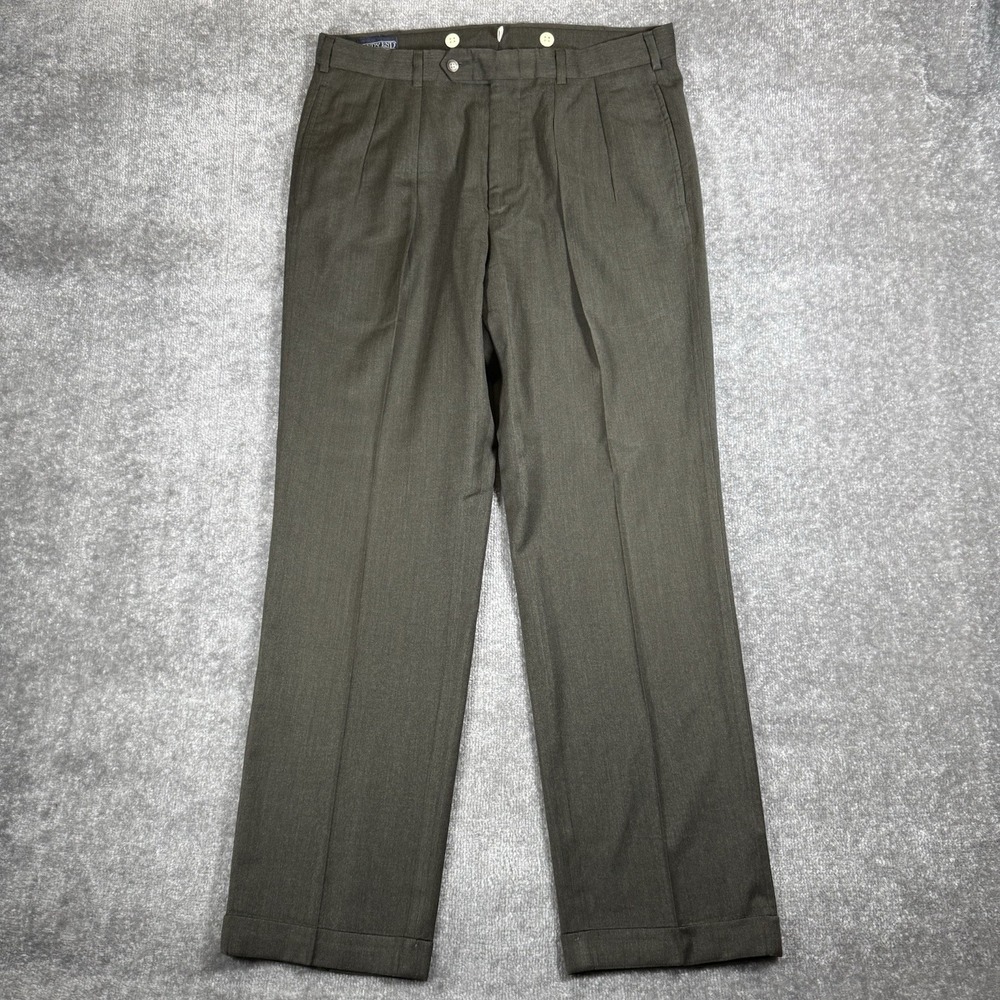 Vintage Lands End Pants Men's 35x31 Green Wool Pleated Cuffed Baggy USA Made